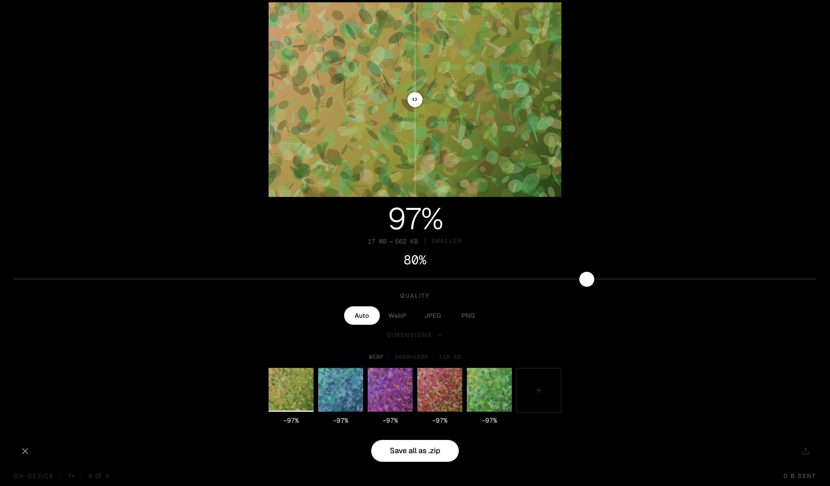 The Compresso app comparing an original photo against its compressed version, with a batch of five images below.